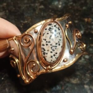 Bohemian Hand Crafted Dalmatian Jasper Wide Cuff Bracelet BOHO
